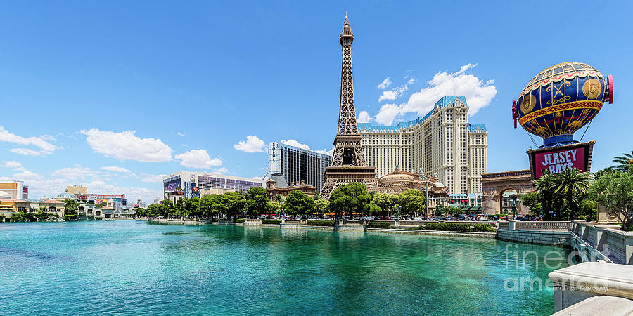 Eiffel Tower Photograph - Paris Casino in Front of the Bellagio Fountains 2.4 to 1 Ratio by Aloha Art