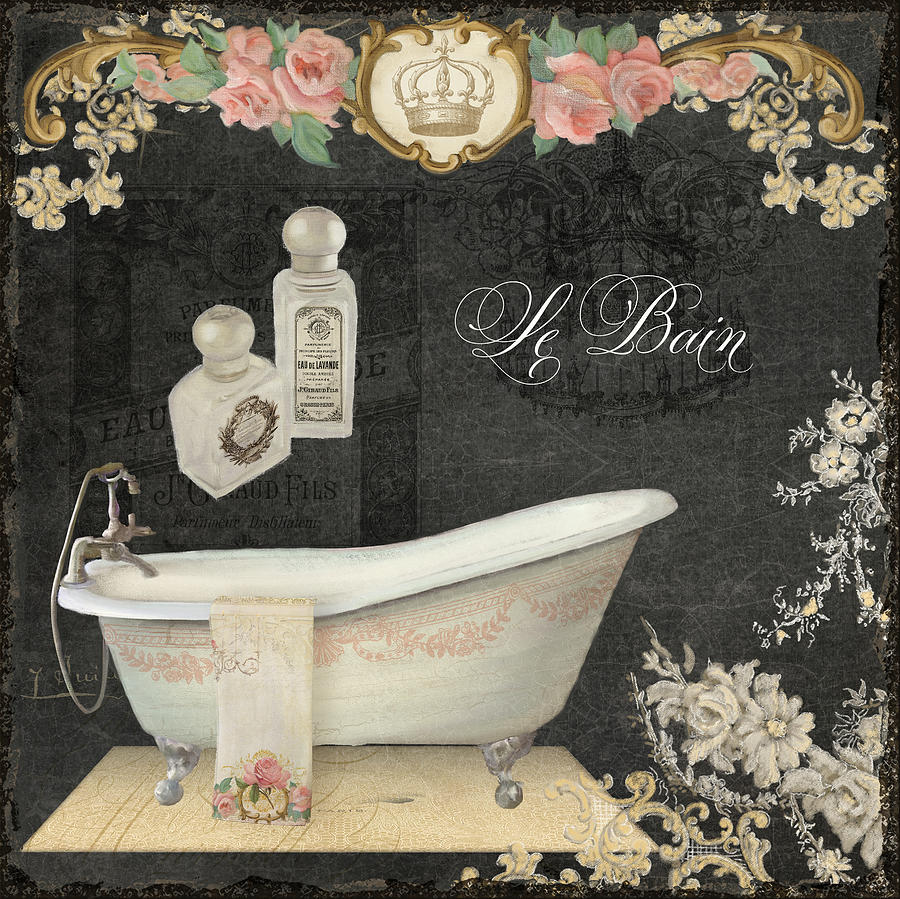 Paris - Chalkboard Le Bain or The Bath Chandelier and tub with Roses Painting by Audrey Jeanne Roberts