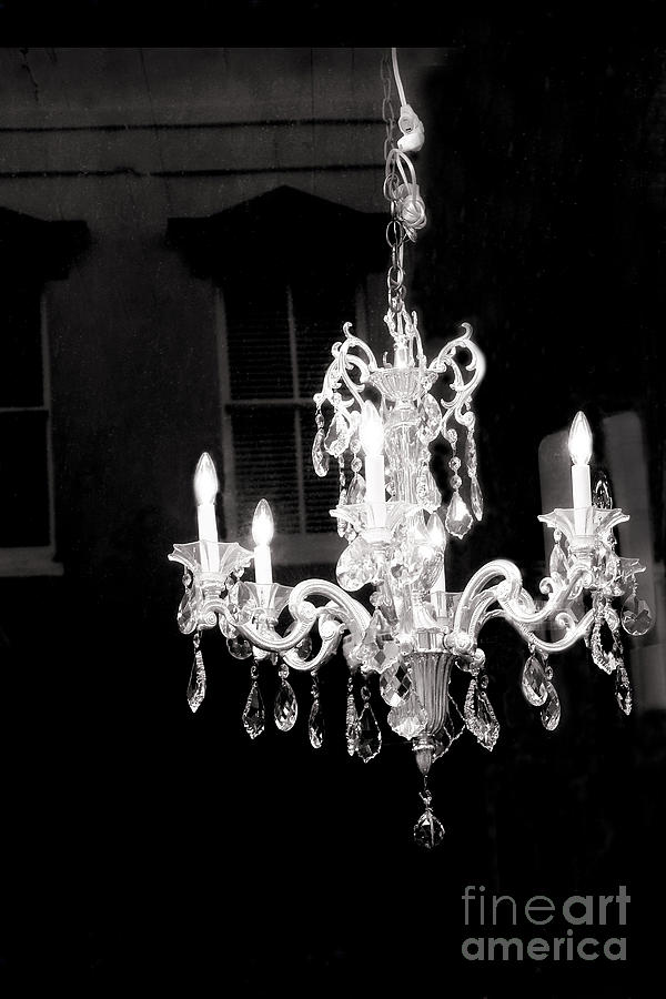 Paris Crystal Chandelier - Opulent Black and White Crystal Chandelier Window Reflection Photograph by Kathy Fornal