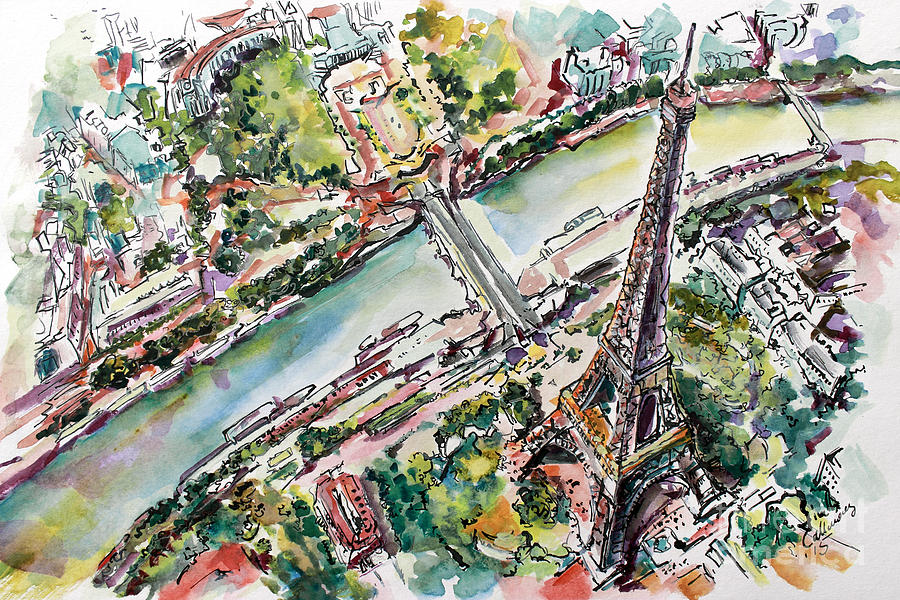 Paris Eiffel Tower Aerial View Painting by Ginette Callaway