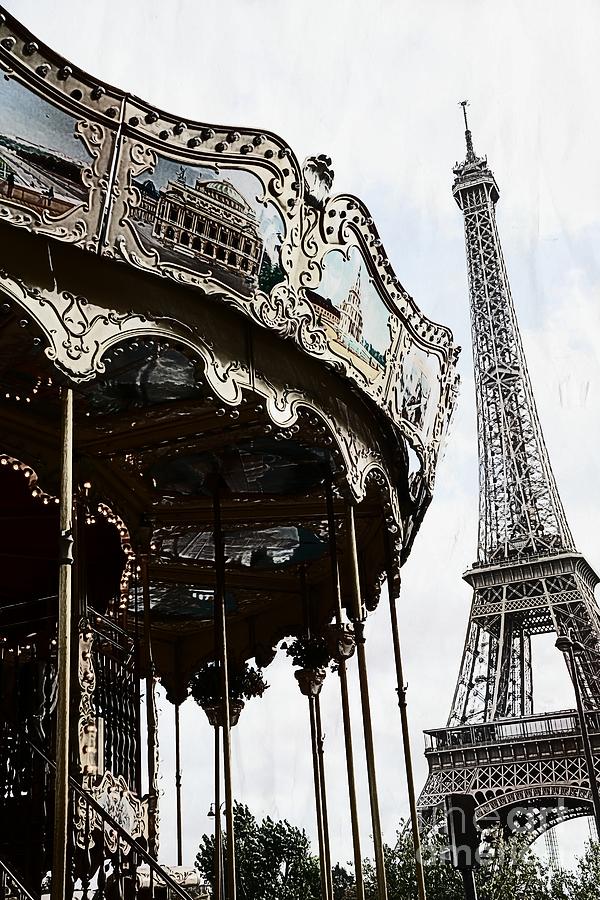 Paris Eiffel Tower Carousel Surreal Black and White Print  Photograph by Kathy Fornal
