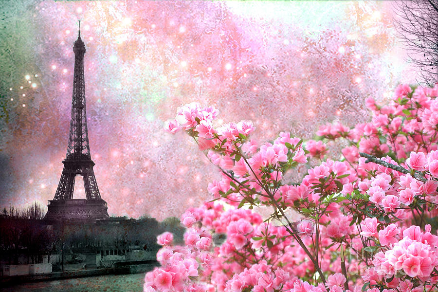 Paris Eiffel Tower Cherry Blossoms - Paris Spring Eiffel Tower Pink Cherry Blossoms  Photograph by Kathy Fornal