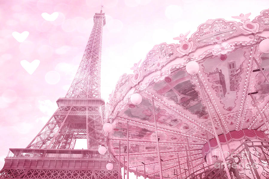 Paris Eiffel Tower Pink Carousel Merry Go Round With Pink Hearts