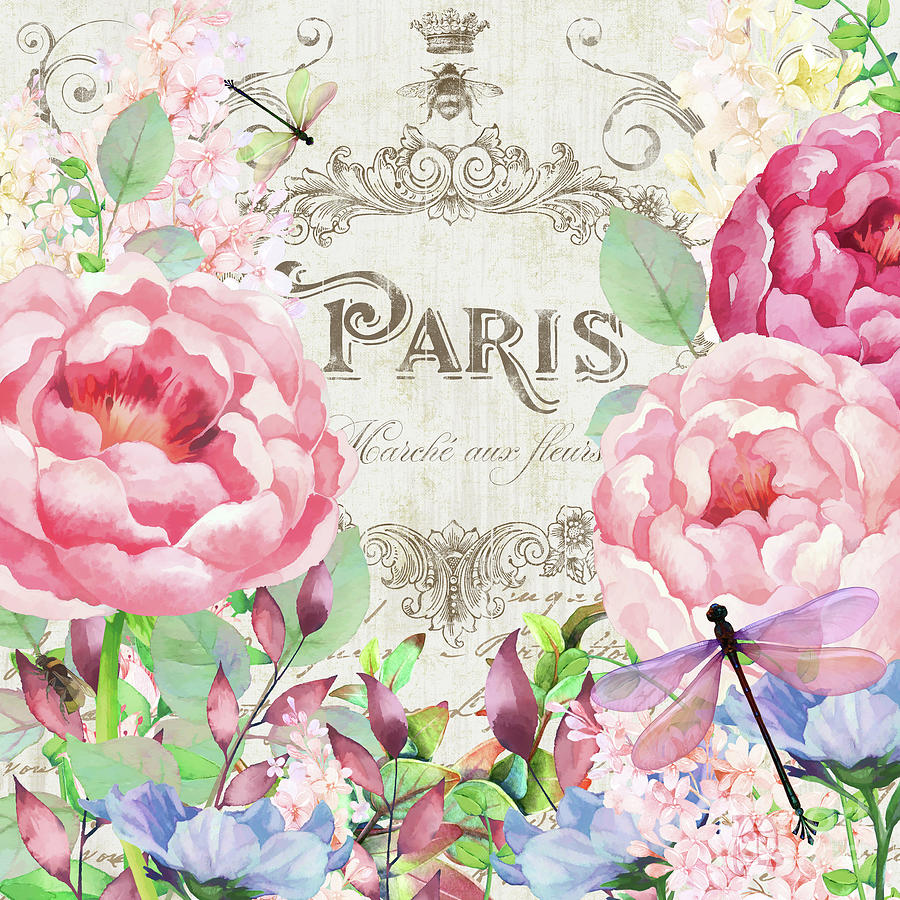 Paris Flower Market I roses, flowers, floral dragonflies Painting by Tina Lavoie