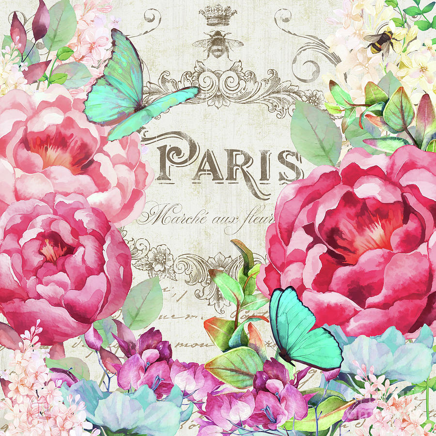 Paris Flower Market II roses, flowers, floral butterflies Painting by Tina Lavoie