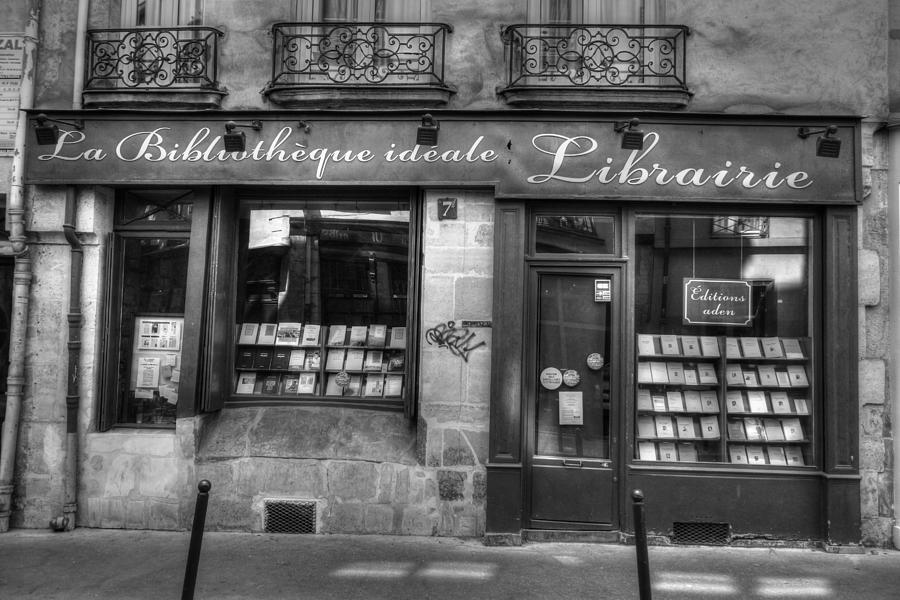 Paris France Book Store Library Black and White Photograph by Toby McGuire
