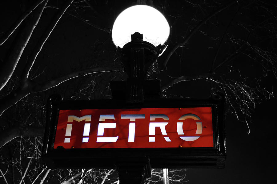Paris France Metro Subway Sign Illuminated at Night Color Splash Black and White Photograph by Shawn OBrien