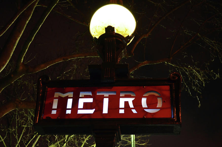 Paris France Metro Subway Sign Illuminated at Night Photograph by Shawn OBrien
