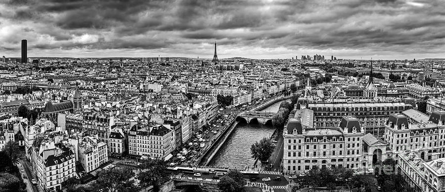 Paris, France Panorama With Eiffel Tower, Seine River And Bridges. Black And White Photograph