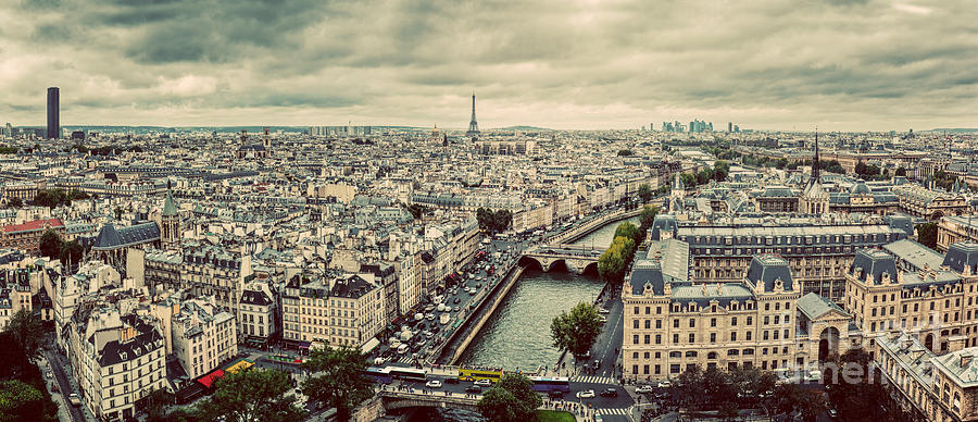 Paris, France panorama with Eiffel Tower, Seine river and bridges. Vintage Photograph by Michal Bednarek