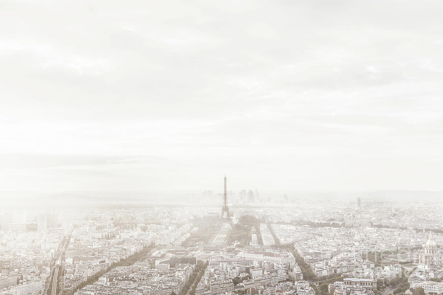 Paris, France skyline in misty fog. Eiffel Tower foggy, unique view. Photograph by Michal Bednarek