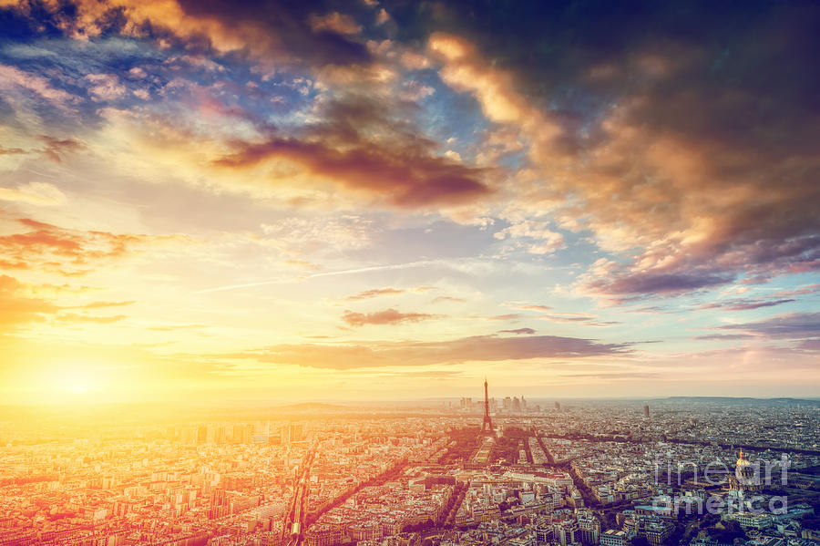 Paris, France skyline, panorama at sunset. Eiffel Tower, Champ de Mars Photograph by Michal Bednarek