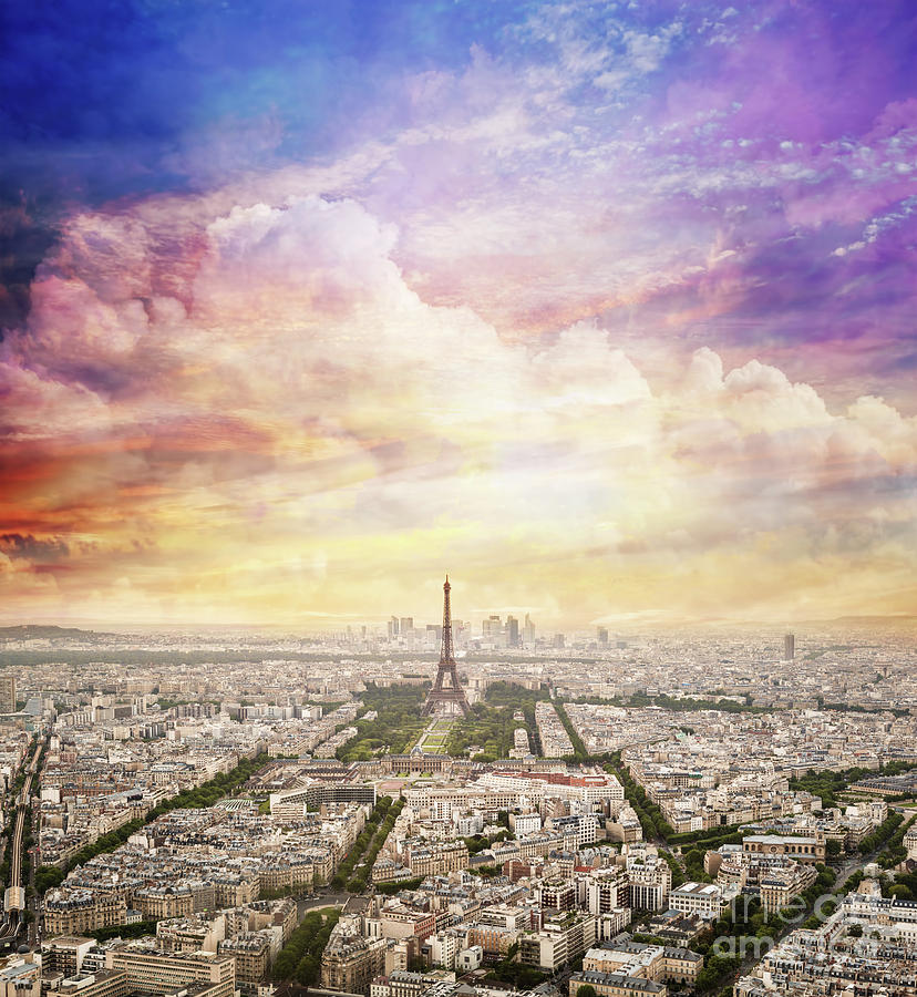 Paris, France Skyline With Fantastic Unique Sunset Sky. Eiffel Tower In Warm Light Photograph
