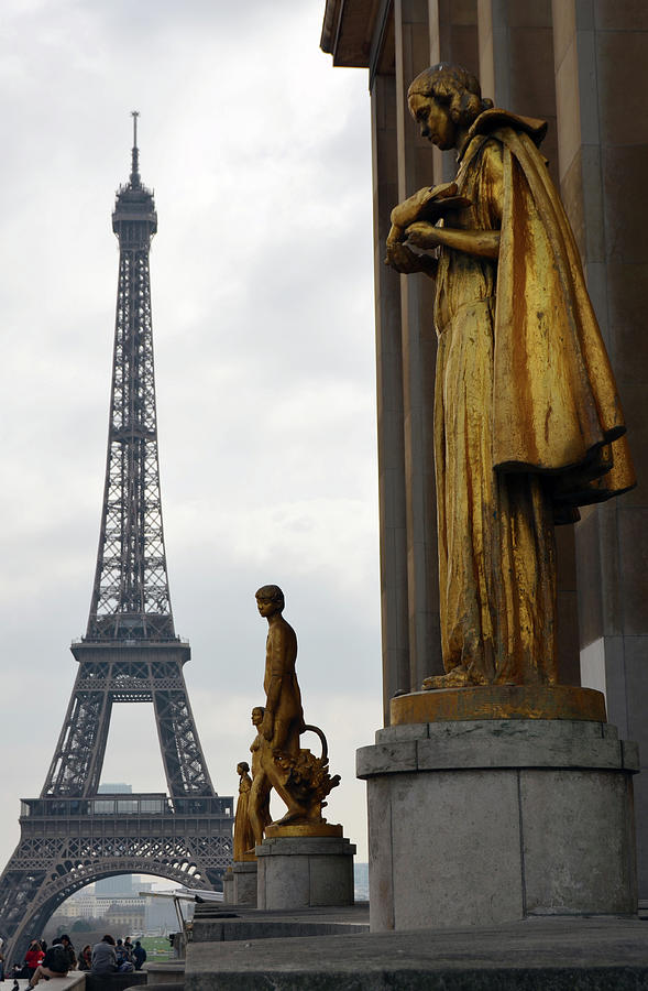 Paris France Trocadero Gold Gilded Statues and Eiffel Tower Parisian Citiscape Photograph by Shawn OBrien