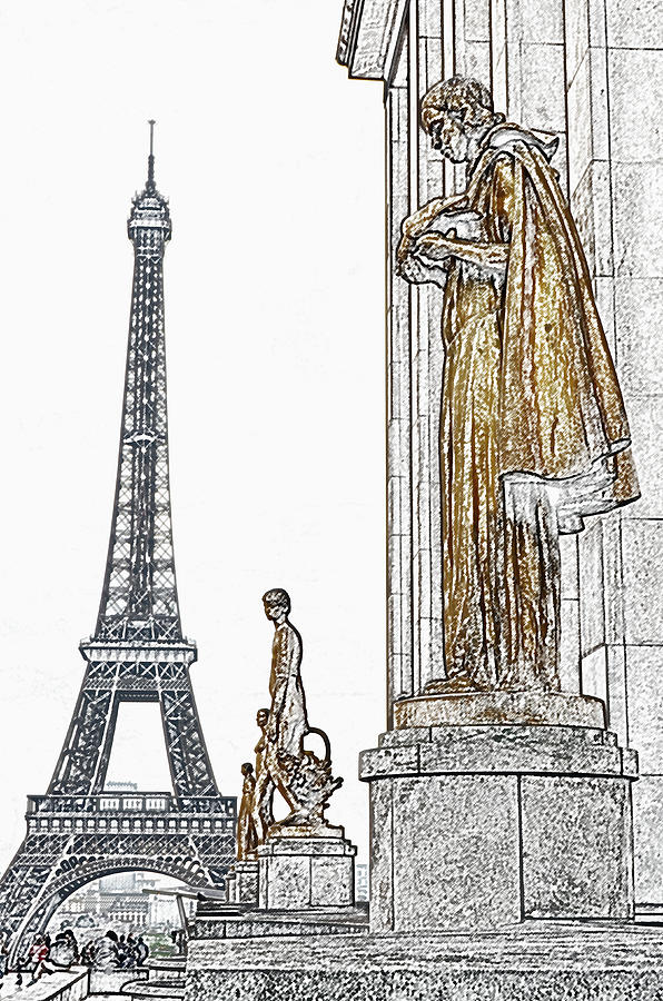 Paris France Trocadero Gold Statues and Eiffel Tower Parisian Cityscape Colored Pencil Digital Art Digital Art by Shawn OBrien