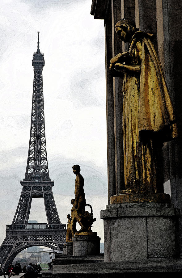 Paris France Trocadero Gold Statues and Eiffel Tower Parisian Cityscape Fresco Digital Art Digital Art by Shawn OBrien