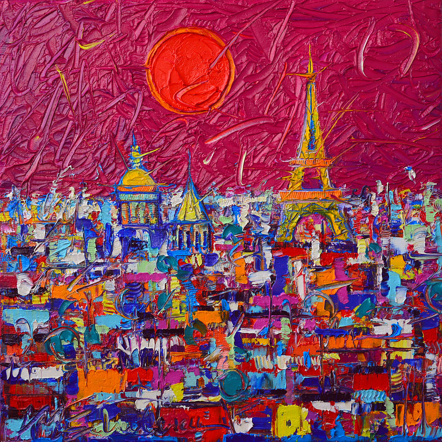 Paris Full Moon Abstract Cityscape Impasto Modern Impressionist Palette Knife Oil Ana Maria Edulescu Painting by Ana Maria Edulescu