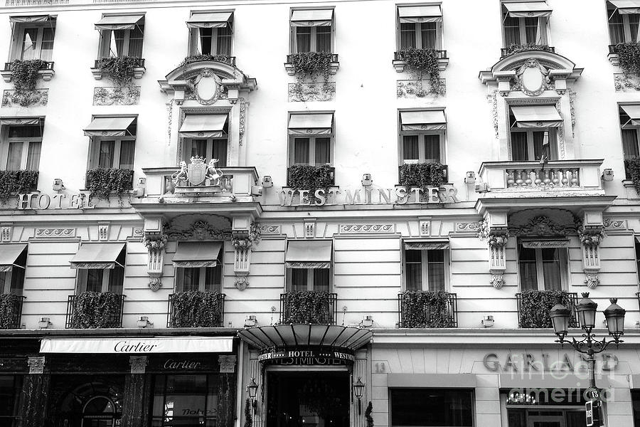 Paris Hotel Westminster Black and White Photography - Paris Cartier Shop - Paris Windows Photograph by Kathy Fornal