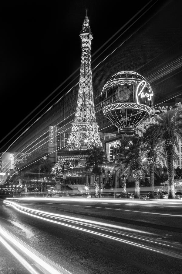 Las Vegas Photograph - Paris In Las Vegas Strip Light Show BW by Susan Candelario