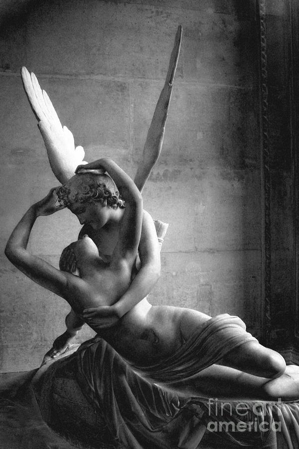 Eros and Psyche Romantic Lovers - Paris Eros Psyche Louvre Sculpture Black and White Photography Photograph by Kathy Fornal