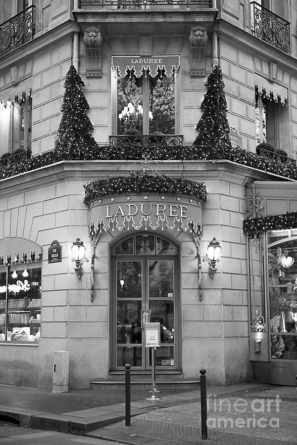 Paris Laduree Christmas Lights - Paris Black and White Prints Laduree Patisserie Macaron Shop Photograph by Kathy Fornal
