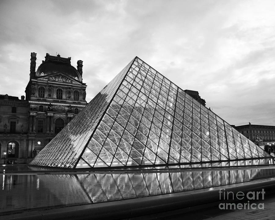 Paris Louvre Museum Pyramid Black and White - Paris Pyramid Twilight Sparkling Night Lights Photograph by Kathy Fornal