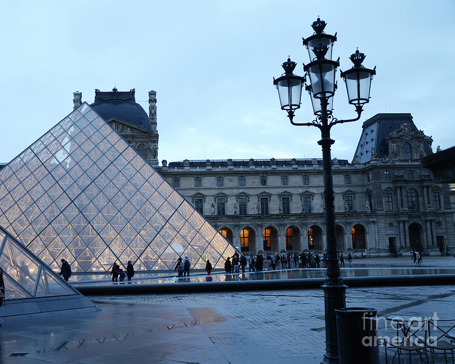 Paris Photograph - Paris Louvre Museum Pyramid Evening Dusk Blue Lights Lanterns Lamp Posts by Kathy Fornal