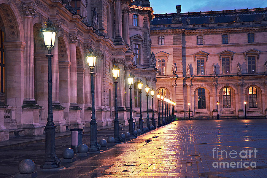 Paris Photograph - Paris Louvre Museum Street Lanterns Night Landscape - Louvre Museum Architecture Rainy Night Lights  by Kathy Fornal