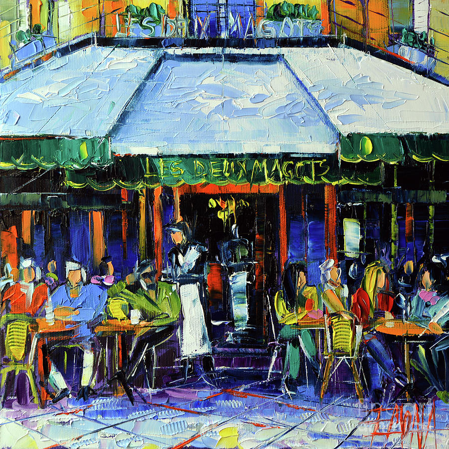 Paris Morning at Les Deux Magots - Modern Impressionism Oil Painting Mona Edulesco Painting by Mona Edulesco