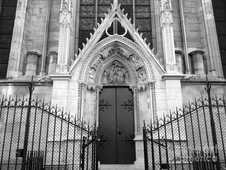 Paris Notre Dame Cathedral Gothic Black and White Archictecture - Paris Notre Dame Door Black White Photograph by Kathy Fornal