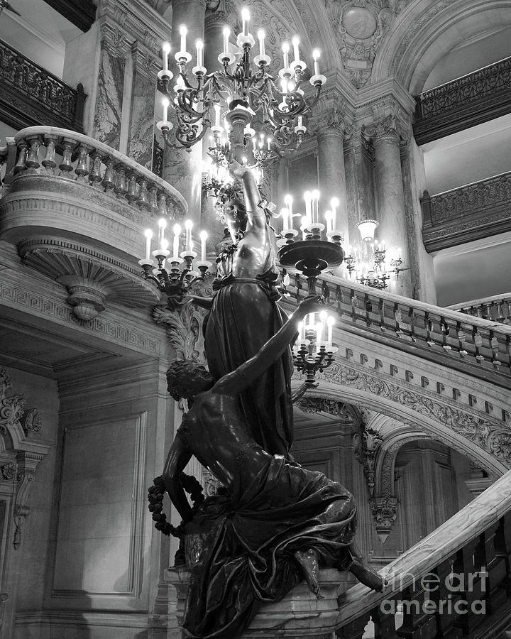 Paris Opera Chandeliers - Ladies Holding Candelabras Opera Garnier Black and White Photography Photograph by Kathy Fornal
