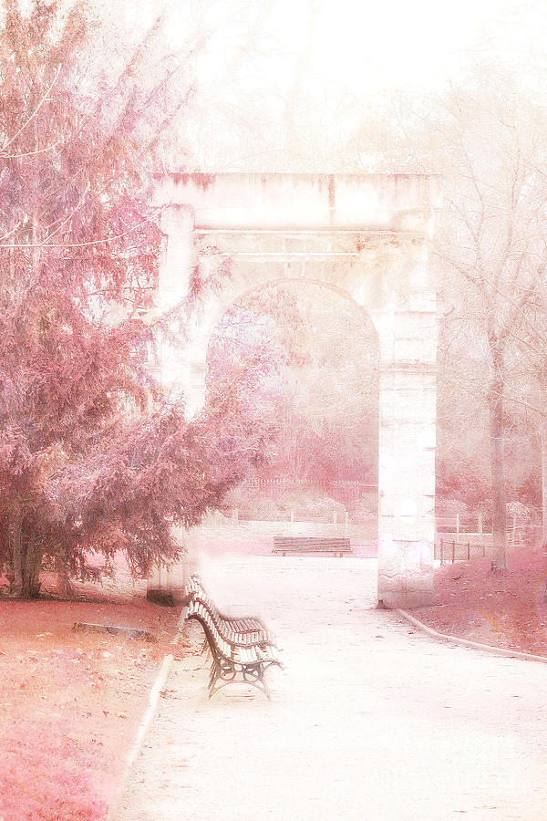 Paris Park Monceau Gardens Landscape - Dreamy Romantic Paris Pink Park Bench Park Monceau Photograph by Kathy Fornal