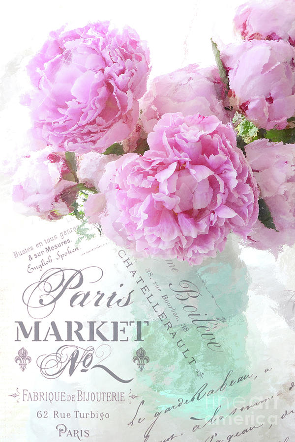 Paris Peonies Impressionistic Romantic Peony Peonies French Script Shabby Chic Decor Photograph by Kathy Fornal