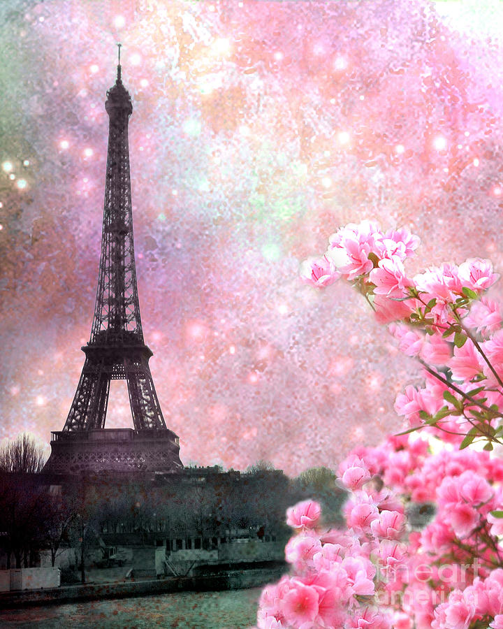 Paris Pink Eiffel Tower Romantic Cherry Blossoms  - Paris Painting Eiffel Tower Pink Cherry Blossoms Digital Art by Kathy Fornal