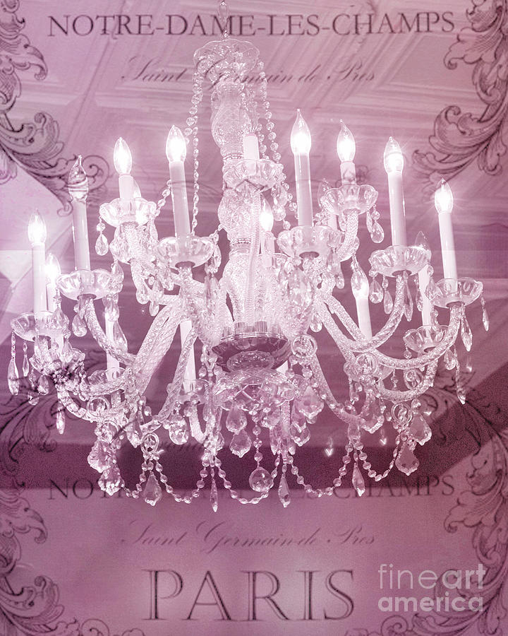 Paris Pink Sparkling Crystal Chandelier - Parisian Pink Hotel Chandelier French Script Photograph by Kathy Fornal