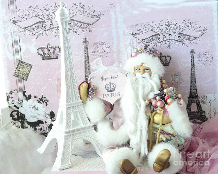 Paris Shabby Chic Holiday Santa - Paris Pink Santa Claus Joyeux Noel - Pink Santa Eiffel Tower Print Photograph by Kathy Fornal