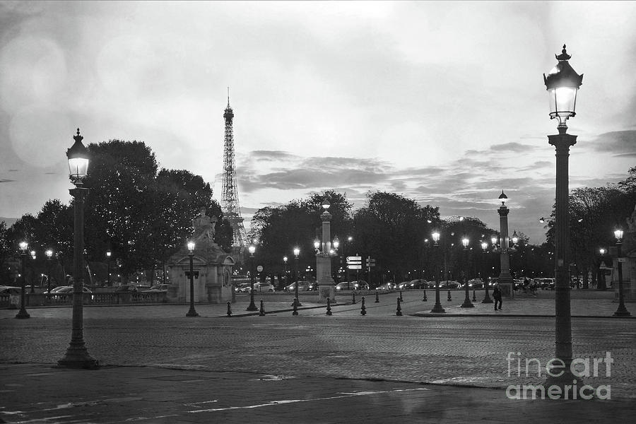 Paris Place de la Concorde Plaza Night Lanterns Street Lamps - Black and White Paris Street Lights Photograph by Kathy Fornal