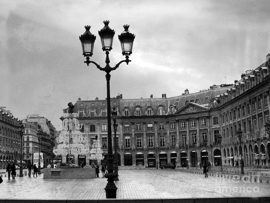 Paris Place Vendome Street Lanterns - Paris Black White Architecture Street Lamps Shopping District Photograph by Kathy Fornal