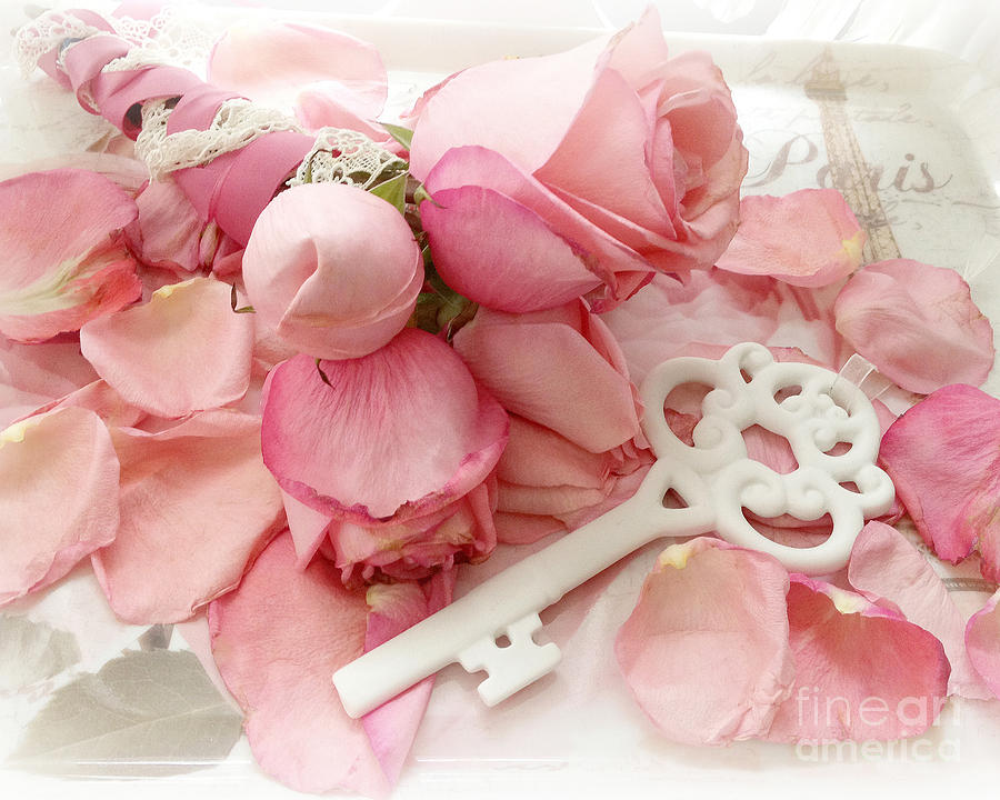 Paris Romantic Dreamy Shabby Chic Pink Roses White Skeleton Key Art  Photograph by Kathy Fornal