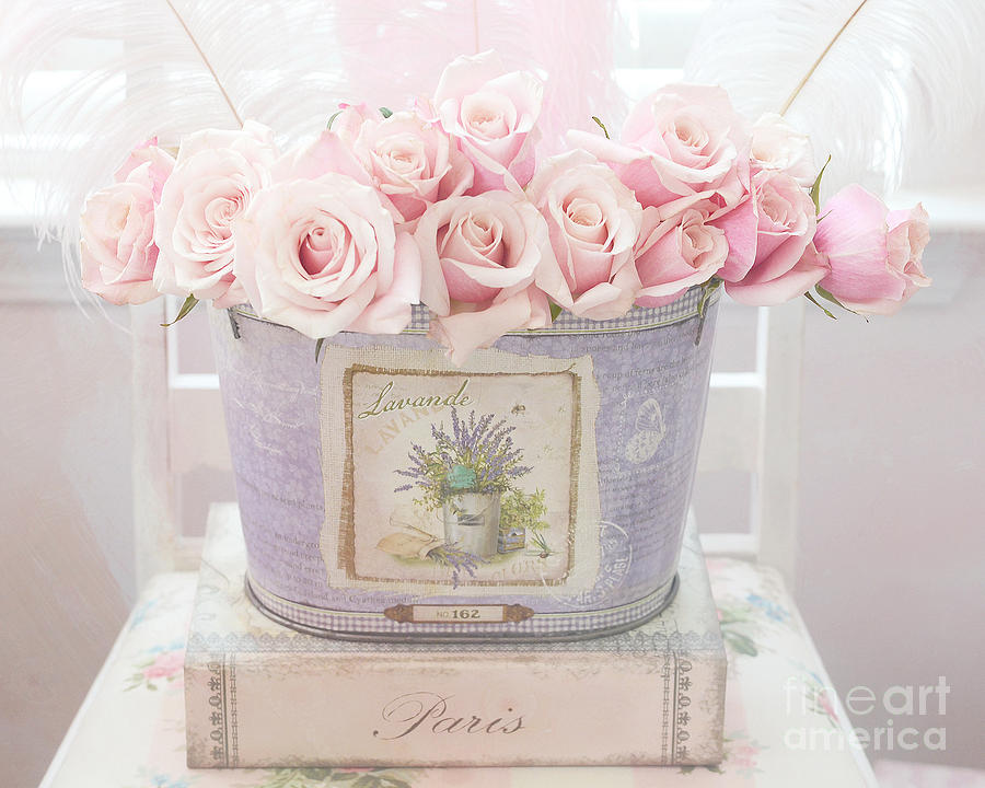 Paris Romantic Roses Pink Pastel Roses - Romantic Shabby Chic Pink Roses Lavender Decor Photograph by Kathy Fornal