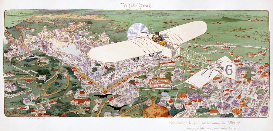 Paris Rome, Beaumont wins in Bleriot monoplane, 1911 Painting by Vincent Monozlay