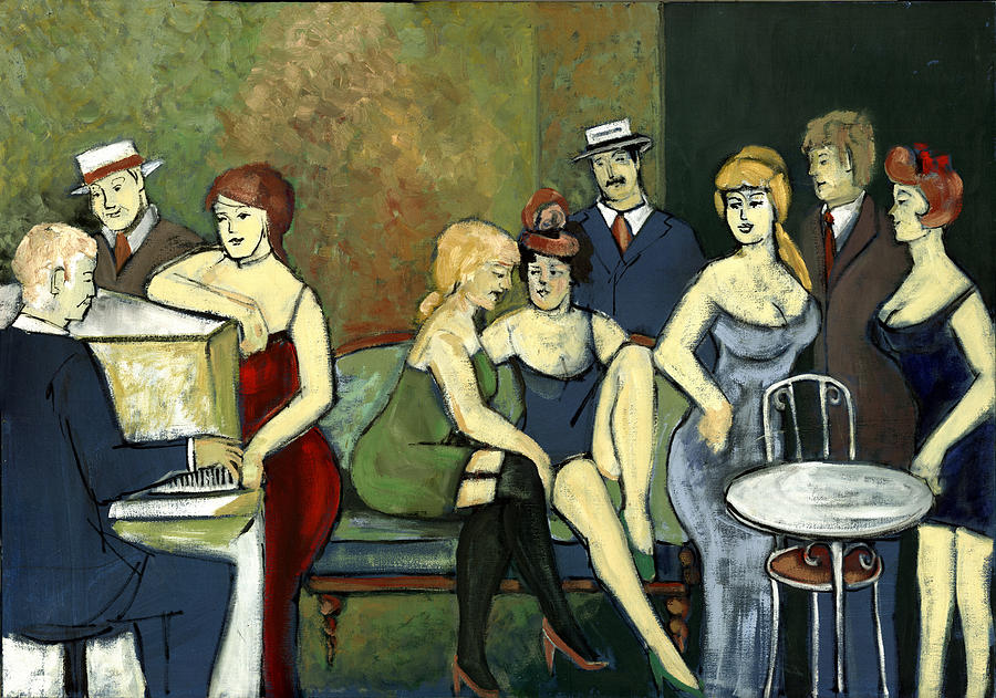 Paris salon scene women in seductive cloths impressionistic piano hats table chair mustache  Painting by Rachel Hershkovitz