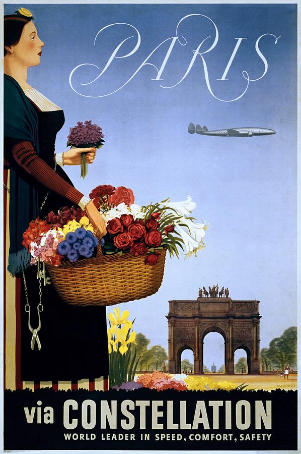 Paris via Constellation, travel poster, 1950 Painting by Vincent Monozlay