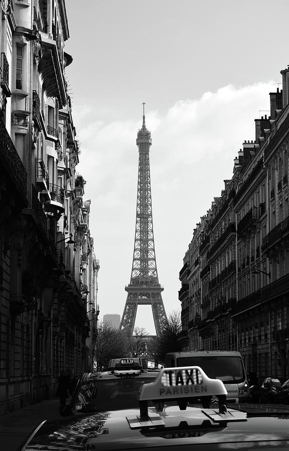 Parisian Taxi Cabs and Eiffel Tower framed by Paris Architecture Black and White Photograph by Shawn OBrien