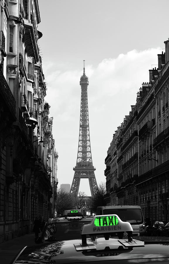 Parisian Taxi Cabs and Eiffel Tower framed by Paris Architecture Color Splash Black and White Photograph by Shawn OBrien