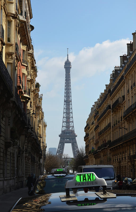 Parisian Taxi Cabs and Eiffel Tower framed by Paris Architecture Photograph by Shawn OBrien