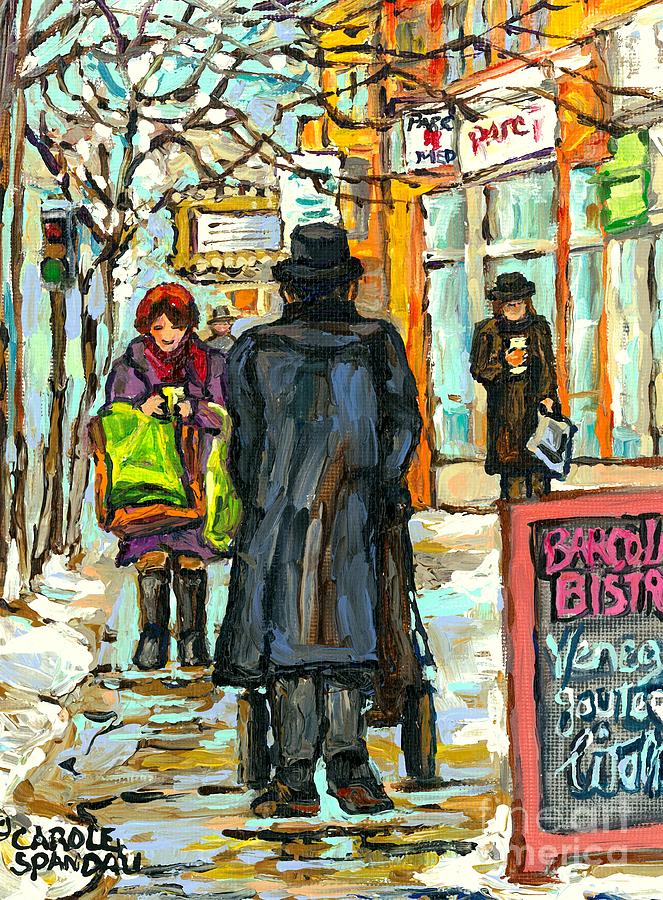 Park Ave Barcolo Bistro Hasidic Man Baby Carriage Rialto Winter Scene Art Montreal Carole Spandau    Painting by Carole Spandau