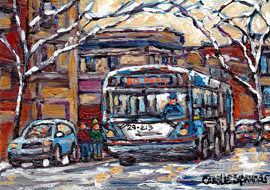 Park Avenue Winterscene Paintings For Sale All Aboard The 80 Bus Montreal Art For Sale C Spandau     Painting by Carole Spandau
