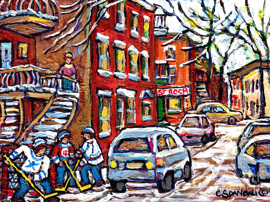 Park Ex Montreal Winterscene Painting Street Hockey Game St Roch Depanneur Canadian Art C Spandau Painting by Carole Spandau