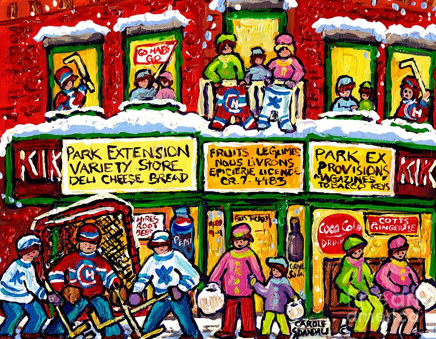 Park Extension Corner Store Montreal Memories Street Hockey Art Canadian Winter Scene Carole Spandau Painting by Carole Spandau